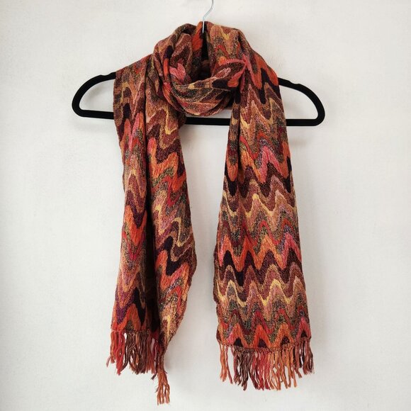 Orange Chevron Large Scarf Fall Winter Fringe Trim Women's - Picture 2 of 6